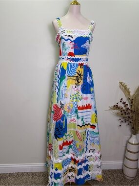 Prosperina Florence Multi Tropical Print Linen Maxi Dress with Pockets Size M